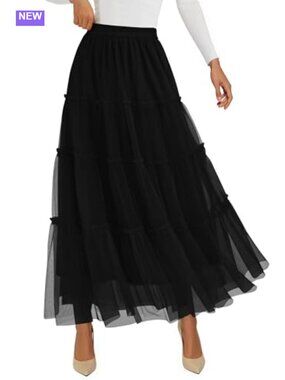 100% Polyester Tulle Tiered Maxi Skirt High Waist A-Line